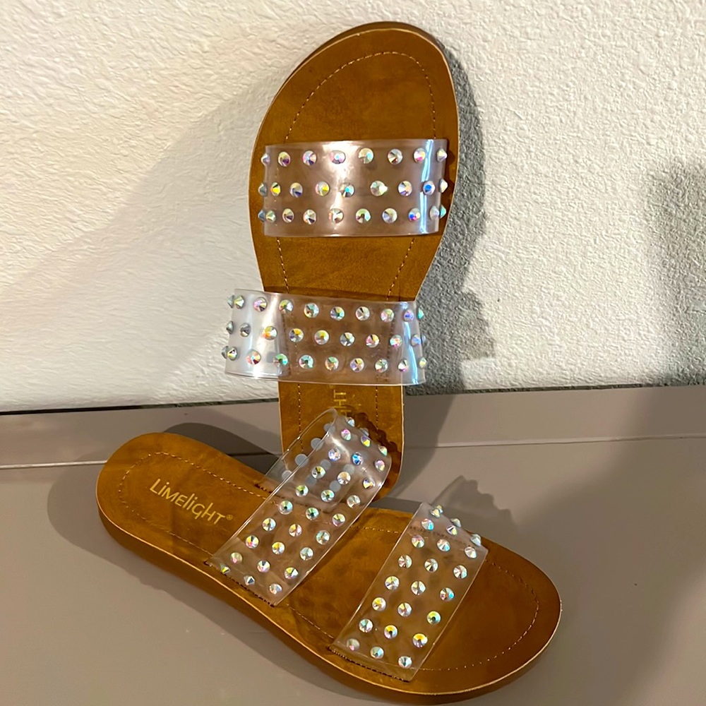Limelight Shimmer - Flat Open Toe Glitter Studded Clear Band Slide Sandals